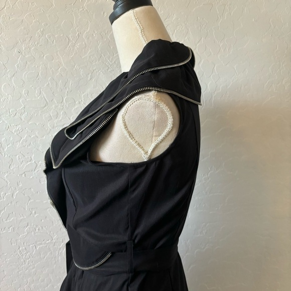 Samuel Dong Black Ruffle Zipper Front Zip Belted Midi Dress Size Small - Picture 4 of 8